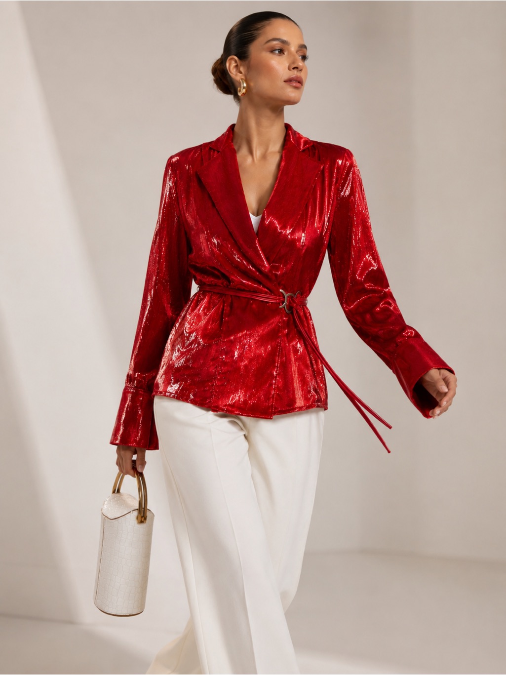 Michael Lo Sordo Women Blazer Size 10 Red Metallic Silk Blend Belted Wrap Top — image 2 of 8